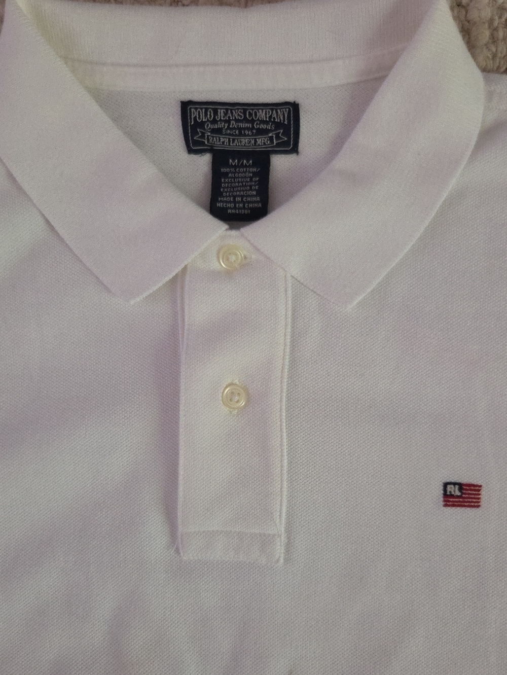 Vintage Polo Jeans Co Ralph Lauren White Polo Shirt Medium American Flag